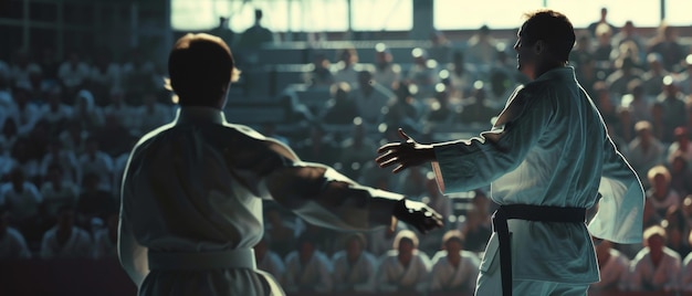 Photo two martial artists nearly embrace in a friendly exchange dressed in white uniforms with a crowded audience looking on