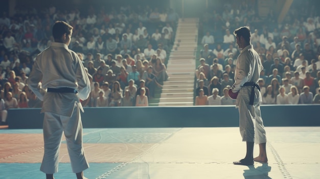 Photo two martial artists in traditional attire face off in a welllit arena surrounded by an attentive audience