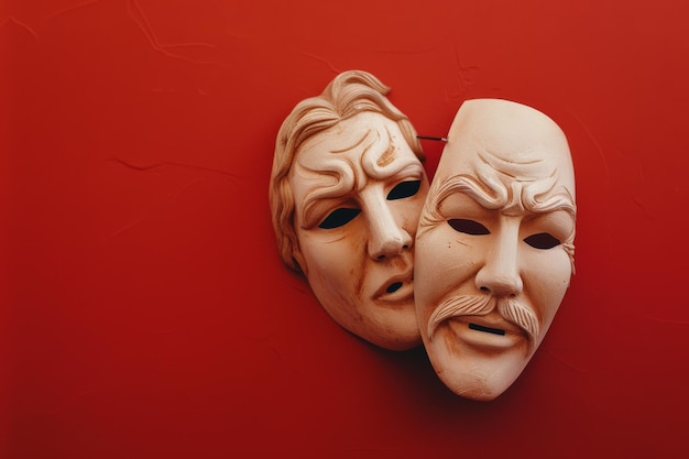 Photo two masks depicting contrasting emotions hang on a red wall symbolizing the duality of human expression in theater and art