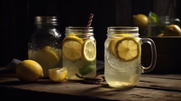 Two mason jar glasses of homemade lemonade on a rustic wooden background Generative AI