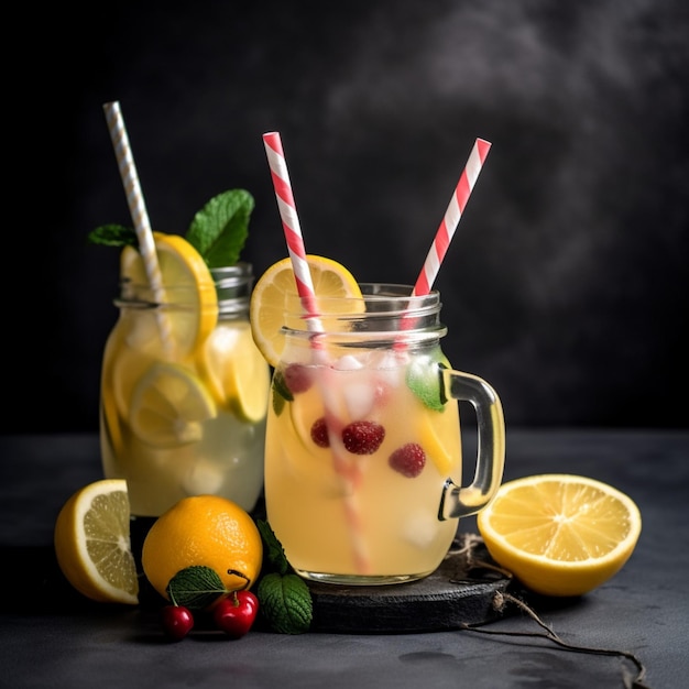 Two mason jars with straws and a red and white straw with a red and white straw.