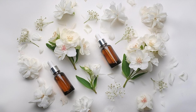 two matte cosmetic bottles with dropper among delicate spring flowers