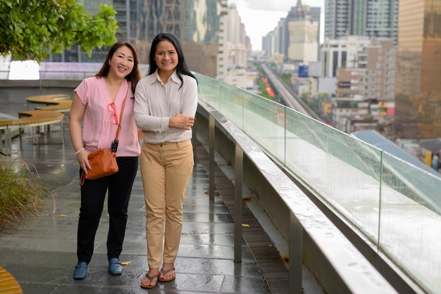 Two mature Asian women together against view of the city