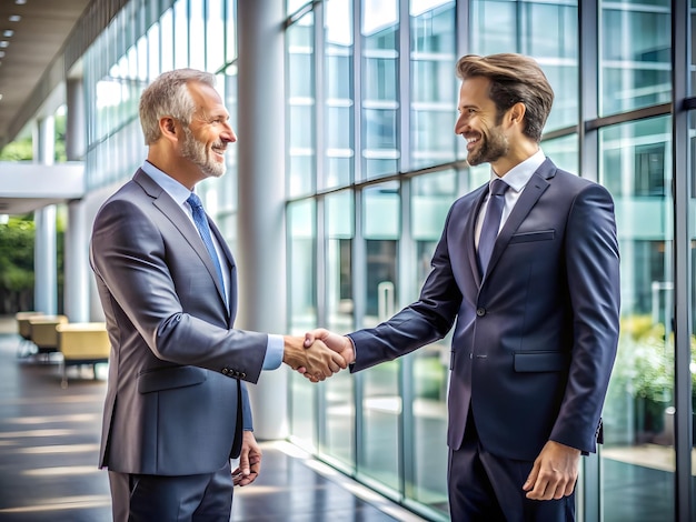 Photo two mature businessmen shaking hands in modern office building