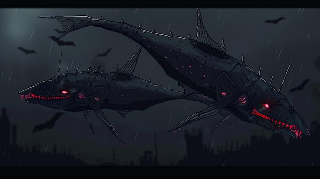 Two Mechanical Fish Soar Through The Rain