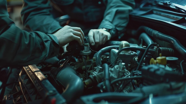 Two mechanics collaborate on engine tuning in a shaded workshop symbolizing teamwork and dedication in the realm of auto repairs