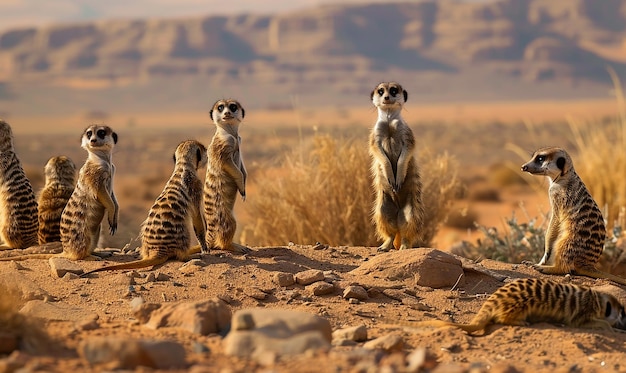 Photo two meerkats are sitting on a rock and one is looking at the camera