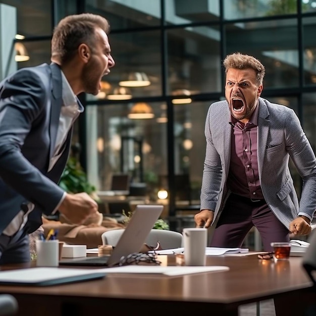 Photo two men are angry at a table with a laptop and a man in a suit