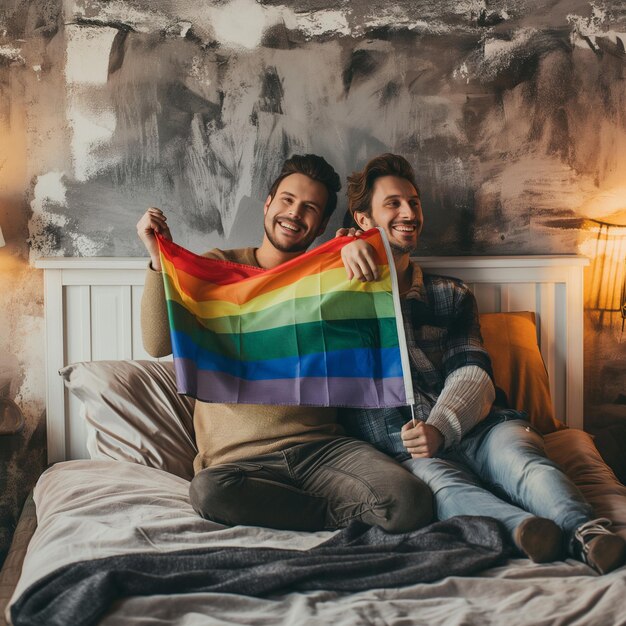 Photo two men are in a bed with a rainbow flag