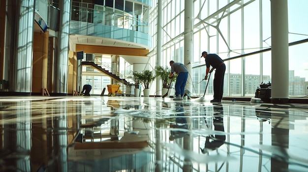 two men are cleaning the floor in front of a large building Professional cleaning service