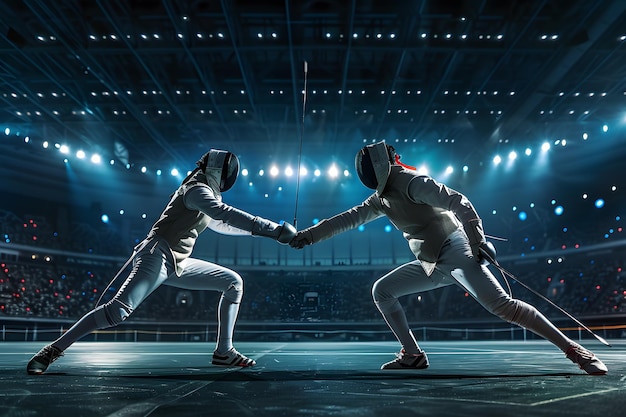 Photo two men are fencing holding hands in a stadium with lights in the background