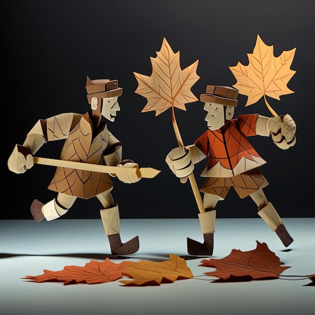 Two men are holding leaves and one of them is holding a stick.