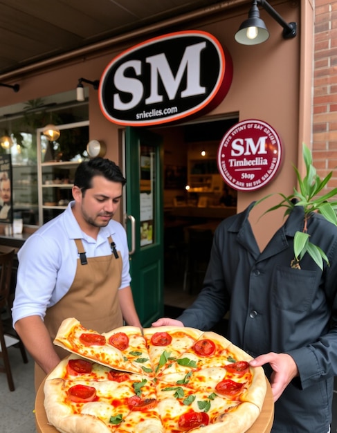 Photo two men are holding a pizza that says snugge