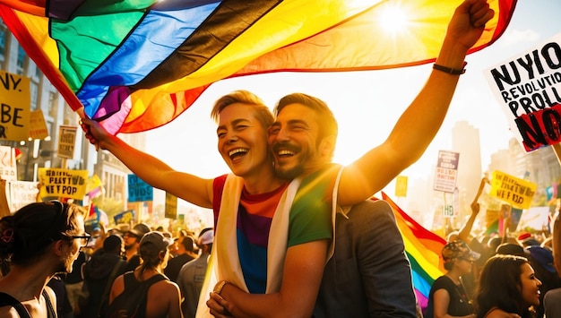 two men are holding a rainbow flag and one of them has a rainbow flag in the background