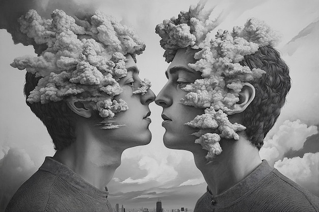 Photo two men are kissing and one has a flower in his hair