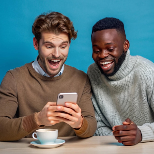 two men are laughing and one is looking at a phone