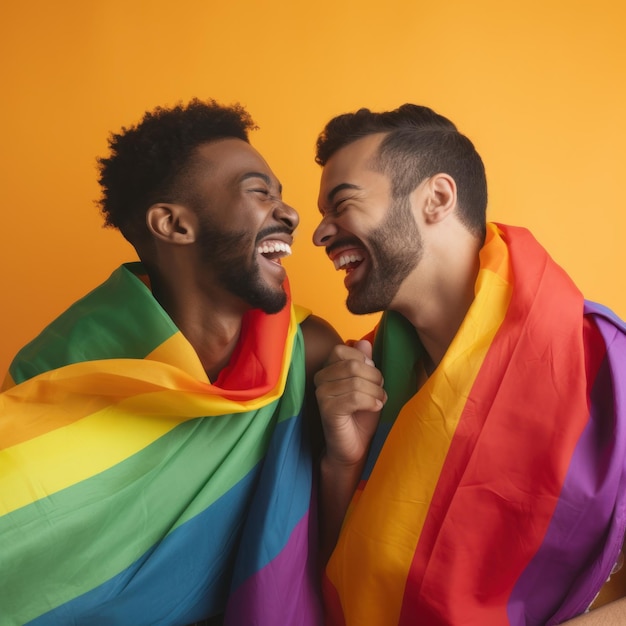 Two men are laughing and one is wearing a rainbow flag.