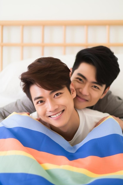 two men are laying in a bed with a blue and white striped blanket