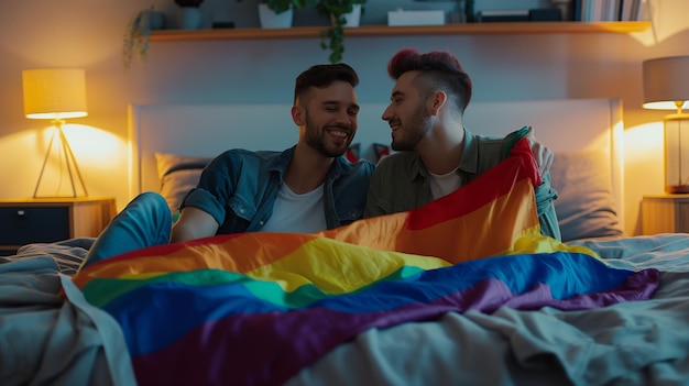 Photo two men are laying in a bed with a rainbow colored blanket