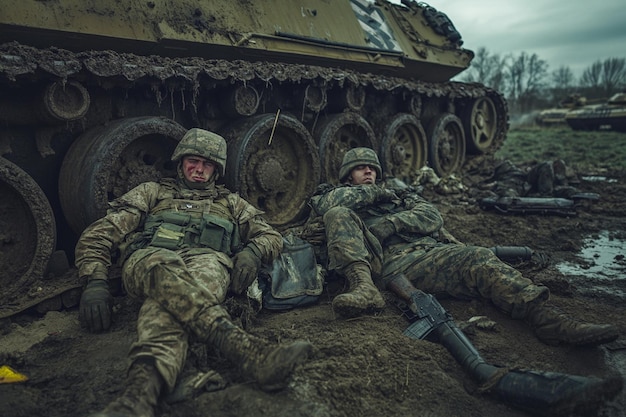 Photo two men are laying in a dirt field and one has a gun in his hand