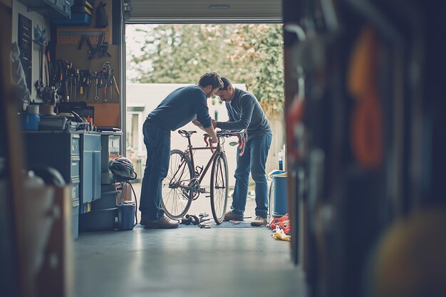 Photo two men are looking at a bike in a garage