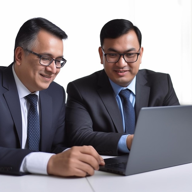 Two men are looking at a laptop with one wearing a blue tie.