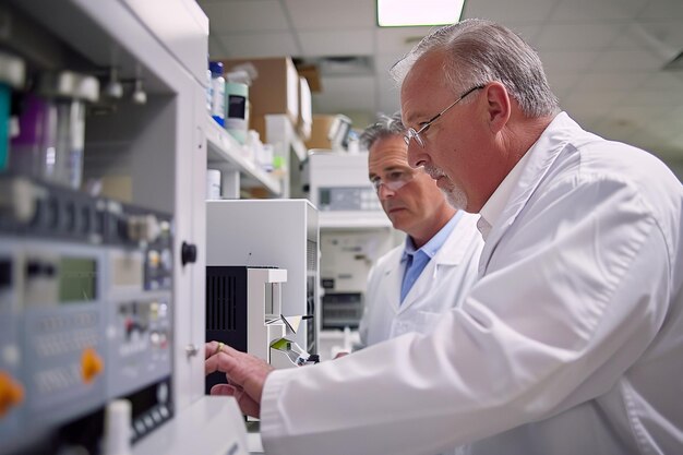 two men are looking at a machine that has the word lab on it