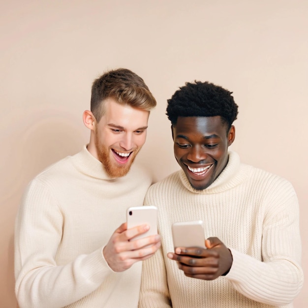 two men are looking at a phone and one has a white sweater on it