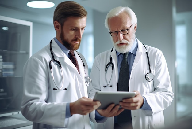 two men are looking at a tablet with a man in a white coat