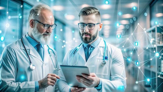 Photo two men are looking at a tablet with the words  medical  on the screen