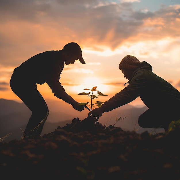 Photo two men are picking up a plant with the sun behind them