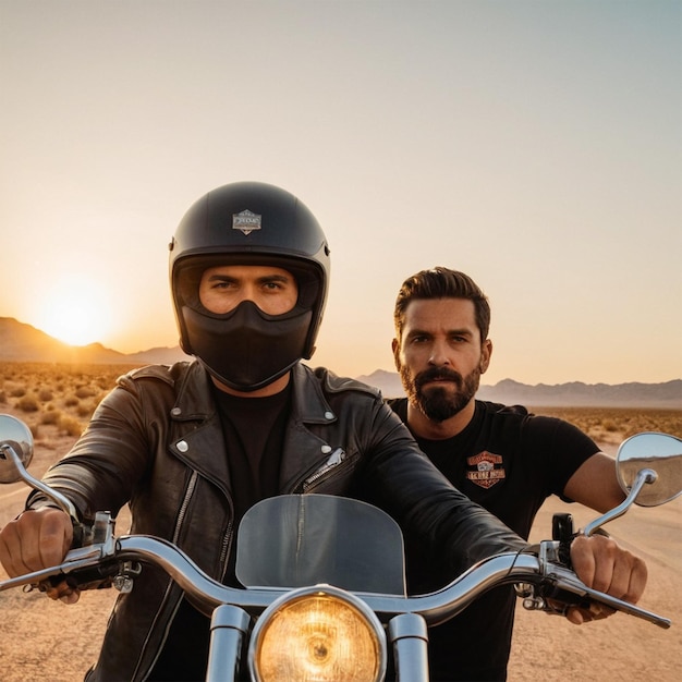 Photo two men are riding a motorcycle with a man wearing a helmet