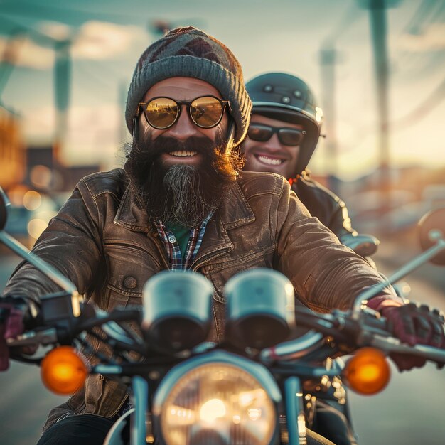 Photo two men are riding a motorcycle with the words  beard  on the front