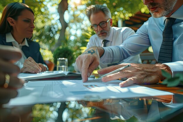 Photo two men are seated at a table examining a document together