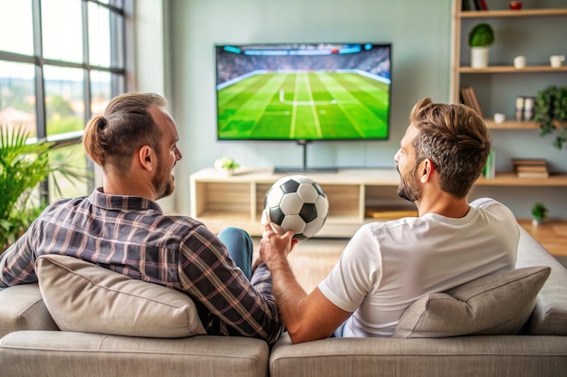 Two men are sitting on a couch each holding a glass of beer