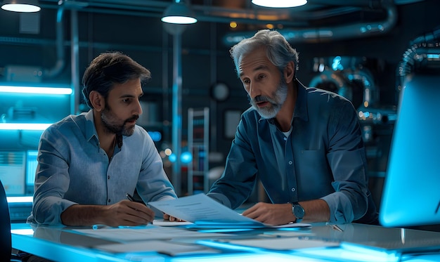 two men are sitting at a desk with a blue light on it