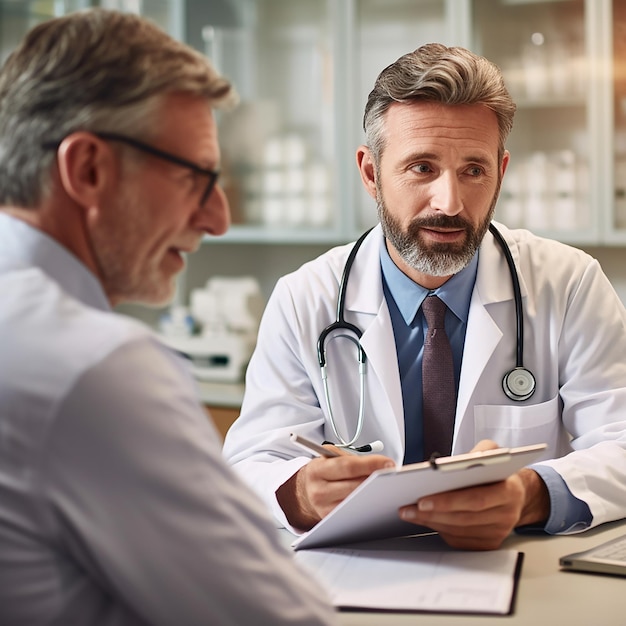 two men are sitting at a desk with a stethoscope around their neck