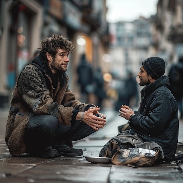 two men are sitting on the sidewalk one of them is wearing a jacket that says quot the word quot