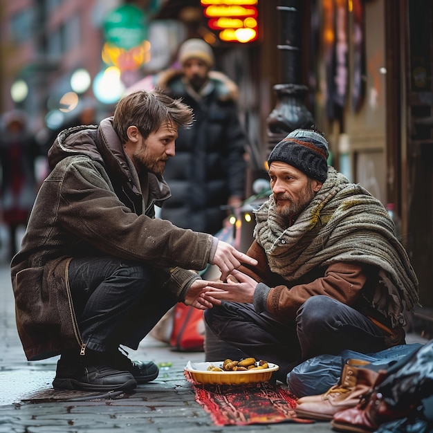 two men are sitting on a sidewalk one of which has a plate of food on it