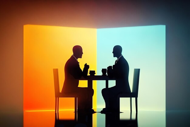 Photo two men are sitting at a table having a conversation