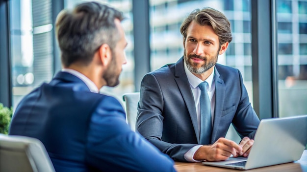 Photo two men are sitting at a table and one has a blue suit on