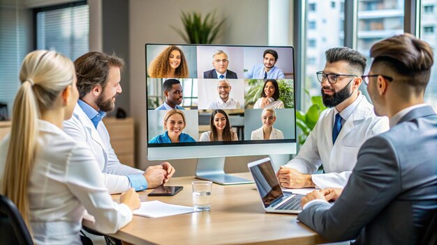 two men are sitting at a table and one of them has a screen that says  medical