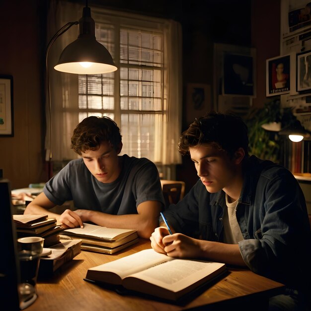 Photo two men are sitting at a table with books and one has a pen in his hand