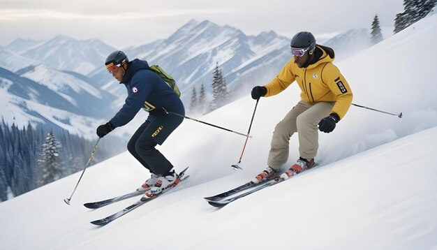 two men are skiing down a snowy mountain