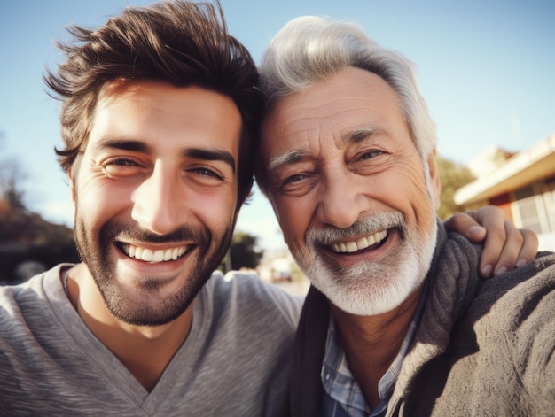 Two men are smiling and hugging each other