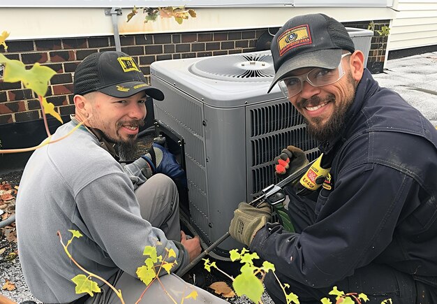 Photo two men are smiling and one has a black hat on