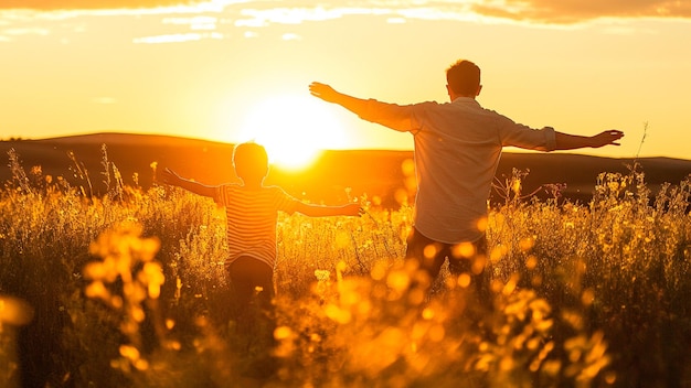 two men are standing in a field with the sun behind them