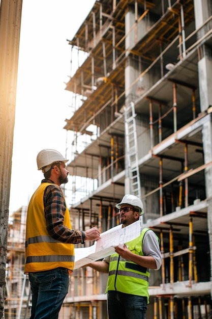 two men are standing in front of a construction site