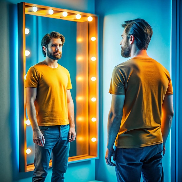 Photo two men are standing in front of a mirror that says quot the word quot on it