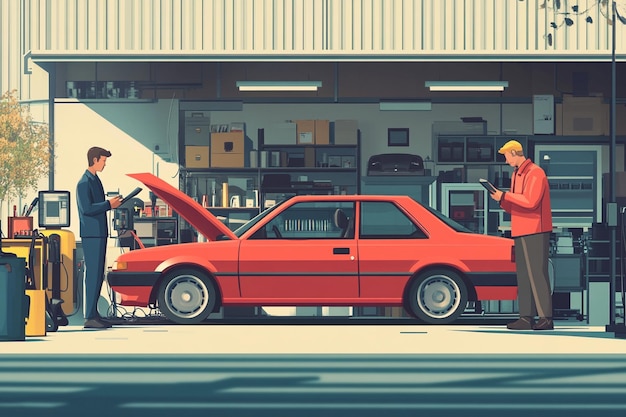 Photo two men are standing in front of a red car with the word quot for quot on it